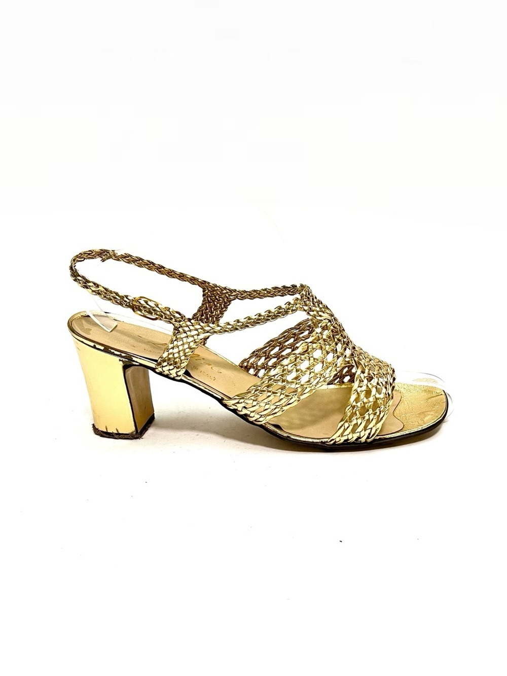 Vintage 1960s gold braided leather strappy slingback heeled sandals
